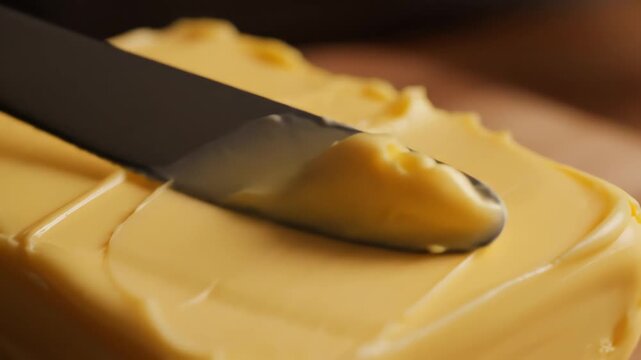 Close up of butter block and knife with creamy texture and warm lighting