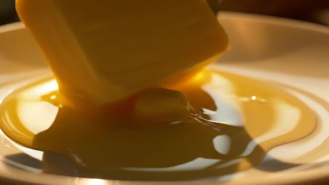 Close up of butter block on white plate with fork slicing