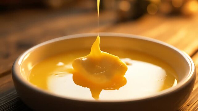 Close up of butter cube in a small bowl with soft lighting