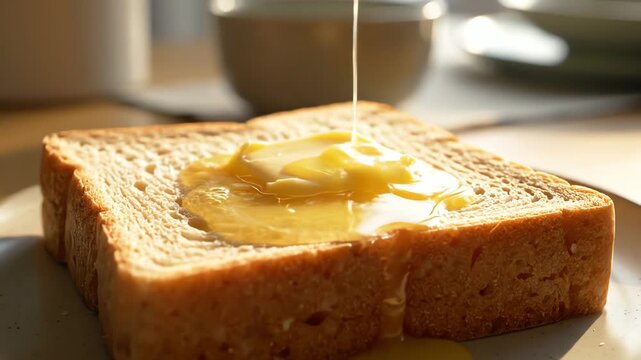 Close up of butter melting on a slice of toast