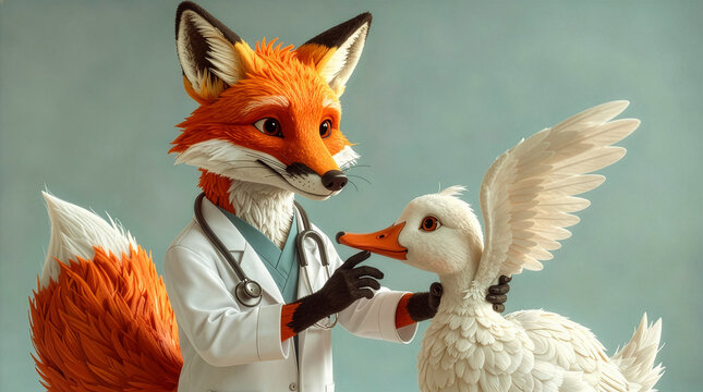 A compassionate fox veterinarian gently examines a white duck with a stethoscope in a warm, friendly clinic setting. The anthropomorphic characters convey trust, care, empathy and playful charm in a d