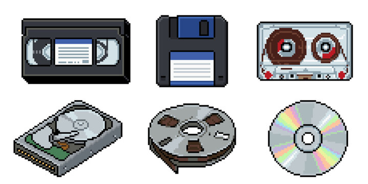 Pixel Art Retro Storage Media &ndash; VHS, Floppy Disk, Cassette, CD 8 Bit Icons Vector