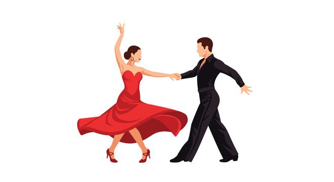A male dancer in a sleek black suit and a female in a vibrant red strapless dress are captured mid-dance, holding hands.