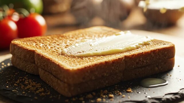 Close up of buttered toast on a plate with fresh tomatoes in the background