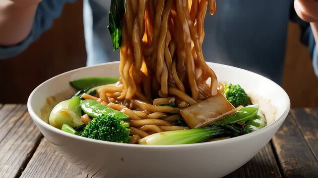 Close up of chopsticks lifting noodles from bowl of asian inspired cuisine