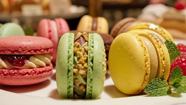 Close up of colorful macarons in various flavors delicious dessert