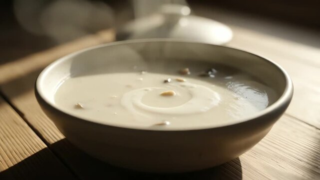 Close up of creamy oatmeal in a bowl steaming natural light