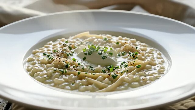 Close up of creamy soup in white bowl on wooden surface