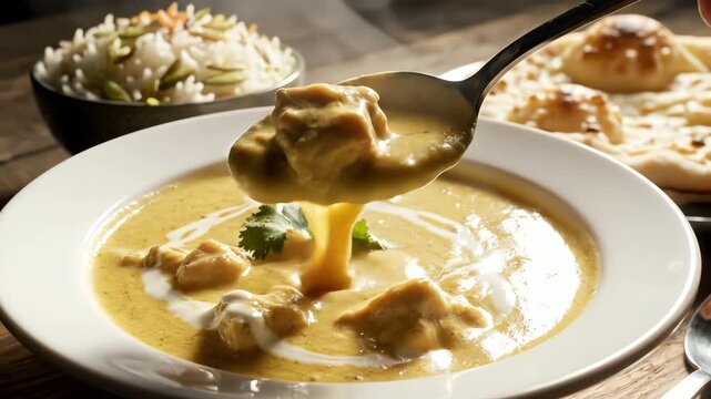 Close up of creamy soup in a white bowl with bread and rice in background