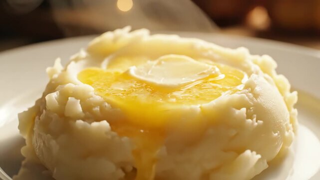 Close up of creamy mashed potatoes with melting butter served on a white plate