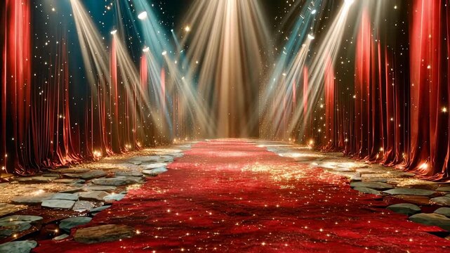 Luxury red carpet background with stage lights and curtains tells an inspirational story of success, creating a glamorous award ceremony and fame vibe