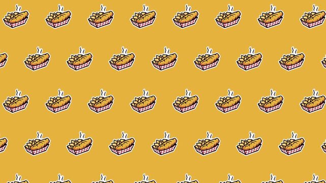 Seamless Fried Fish And French Fries Pattern Background, Hot Street Food Basket Sticker Repeat Design, Crispy Fast Food Icon Loopable Animated Vector For Restaurant Menu And Packaging