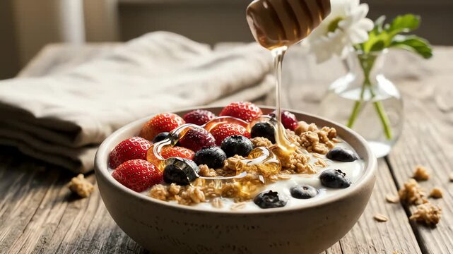 Close up of freshly prepared breakfast cereal with fruits and honey