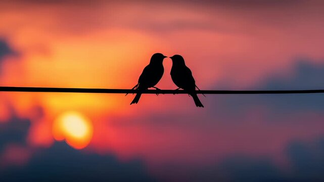Romantic love theme for Valentines Day. Two birds perched on a wire against a backdrop of a fiery sunset, with the sun casting a warm, golden light across the sky.