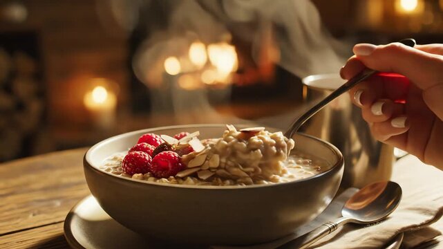 Close up of oatmeal breakfast with raspberries and coffee near fireplace