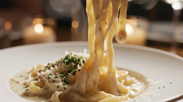 Close up of pasta dish with cream sauce and garnishes being eaten