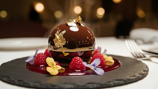 Gourmet chocolate dessert with berries and edible gold leaf on plate