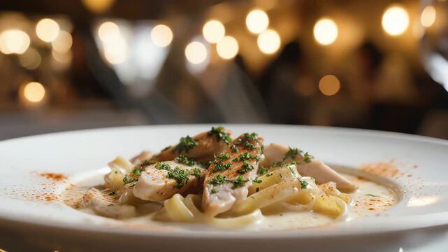 Gourmet dish on white plate with blurred background bokeh lights