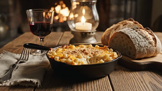 Macaroni and cheese dish with a glass of red wine and candle light