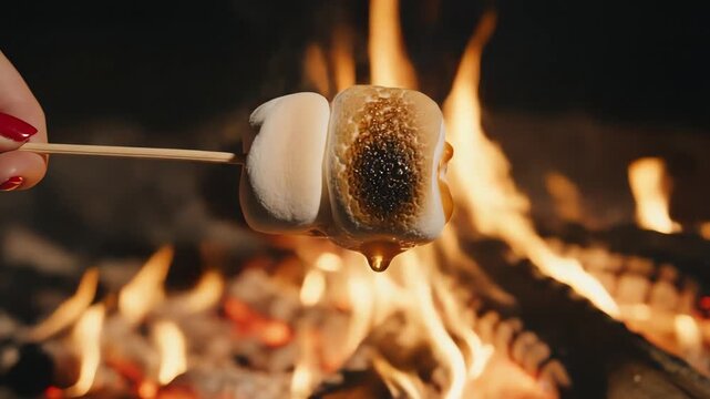 Marshmallows roasting over campfire flames cozy evening concept