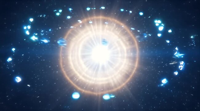 A bright, golden orb pulsates with light, surrounded by floating blue orbs and star-like glimmers