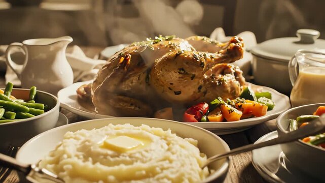 Roasted chicken and sides on a wooden table preparation for a meal close up