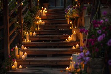 Fototapeta premium Many lit candles create a warm and romantic atmosphere on wooden stairs decorated with flowers at night