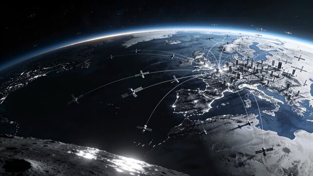 Global satellite network connecting cities across Earth at night from space
