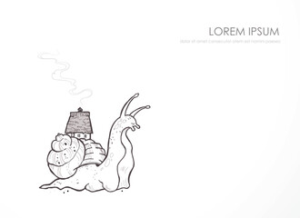 Snail carrying cozy cottage on its shell with chimney smoke and fir tree on white background. Whimsical doodle vector illustration for slow living, home and fantasy designs. © elinacious
