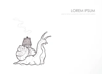 Snail carrying cozy cottage on its shell with chimney smoke and fir tree on white background. Whimsical doodle vector illustration for slow living, home and fantasy designs. © elinacious
