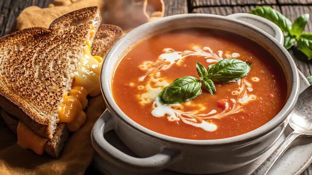Tomato soup and grilled cheese sandwich on rustic wooden table