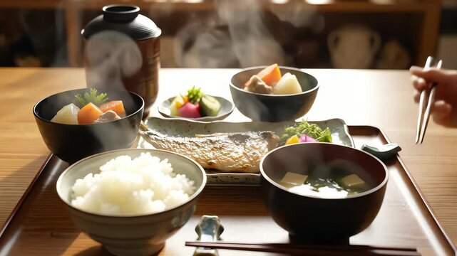 Traditional japanese meal served on wooden tray with steam