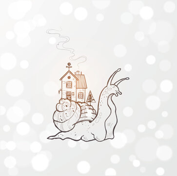 Snail carrying cozy two-story house on its shell with chimney smoke and fir tree on white shimmering background. Whimsical doodle vector illustration for slow living, home and fantasy designs.