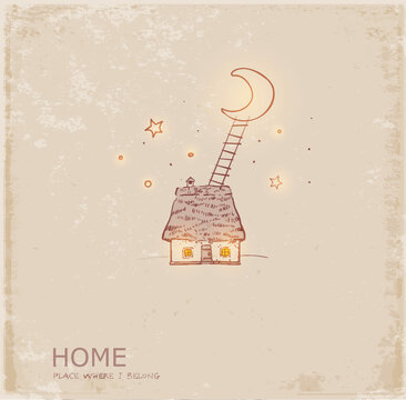 Whimsical cottage at night with a ladder reaching up to the crescent moon. Dreamy doodle vector illustration on vintage background