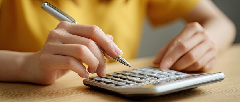 A young Asian woman uses a calculator to calculate her balance and prepare tax deductions. Close-up of her hand holding a pen.