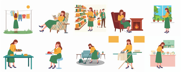 Fototapeta premium Flat Design Woman Doing Daily Routine Activities Inside and Outside the House