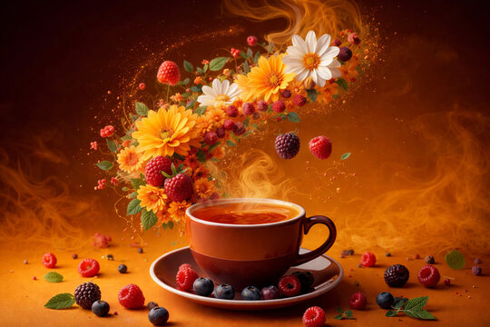 Steaming berry herbal tea in brown cup with surreal levitating flowers and mixed berries, warm orange backdrop, cinematic smoke and sparkles, premium creative still life for ads, posters, web banners.