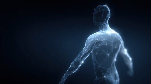 abstract digital human body polygonal wireframe silhouette on dark background, futuristic anatomy visualization