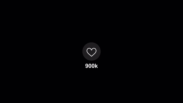Social media heart counting from 0 to 900k animation with alpha channel