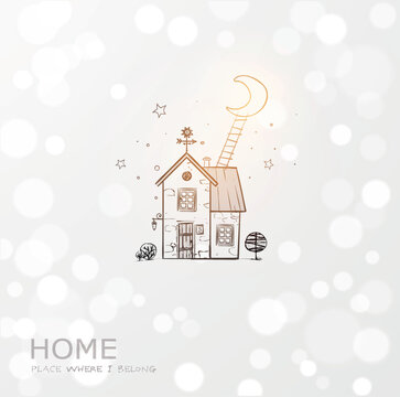 Whimsical cottage at night with a ladder reaching up to the crescent moon. Dreamy doodle vector illustration on white shimmering background