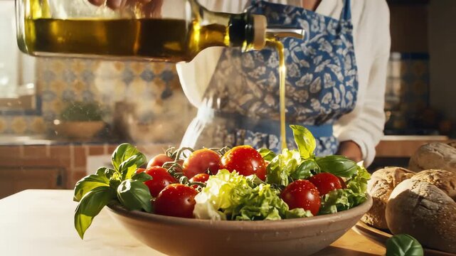 Woman preparing ingredients for meal in kitchen setting with sunlight and food
