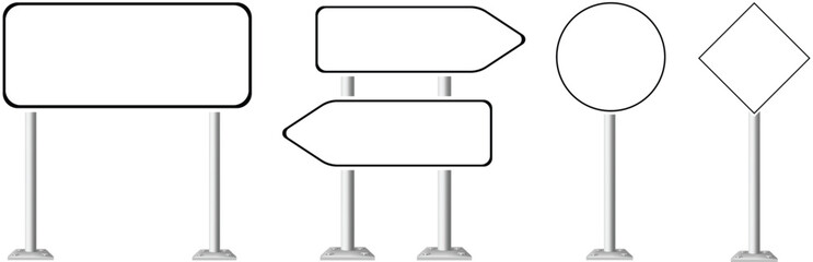 Collection of blank signposts in various shapes on stands viewed from the front © The Shot Hub