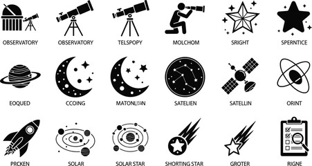 Astronomy and space exploration icon set featuring observatory telescope stars planets moon satellite rocket solar system comet and astrology research symbols © Mst