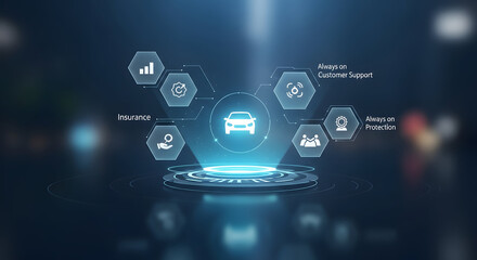 Fototapeta premium Holographic car display on digital podium showing auto insurance features like customer support and comprehensive protection