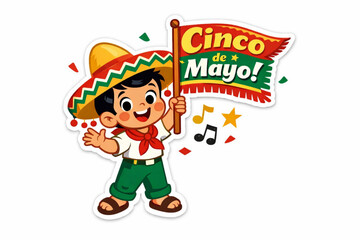 Naklejka premium Retro 1950s Style Cinco de Mayo Sticker Illustration of a Happy Boy with Sombrero and Festive Banner