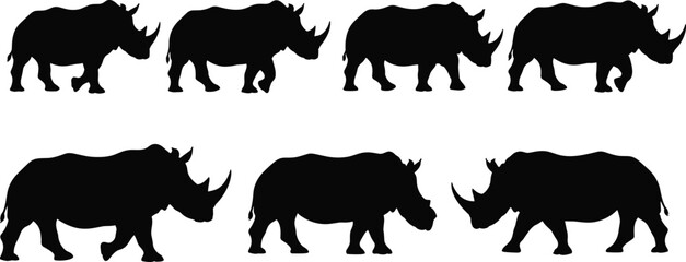 Rhinoceros silhouettes collection, wild animal vector, safari wildlife icons, rhino outline set, nature design illustration, black silhouette art, mammal © MstGeasmin