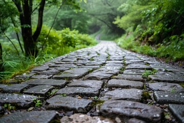 Naklejka premium Wet cobblestone path stretching through a tranquil forest during a refreshing rainfall, creating a serene and atmospheric scene
