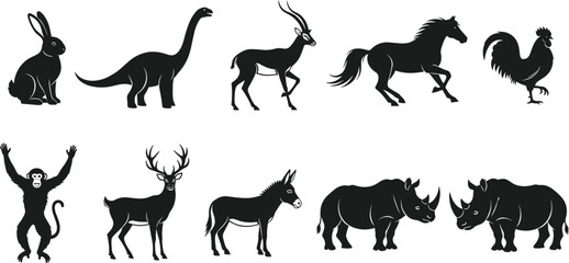 Animal silhouette illustration, rabbit, dinosaur, antelope, horse, rooster, monkey, deer, donkey, rhinoceros, black vector, wildlife, nature, design © Manharul