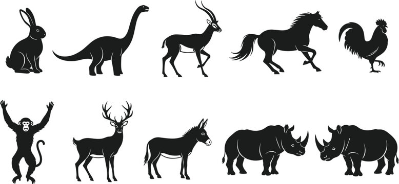Animal silhouette illustration, rabbit, dinosaur, antelope, horse, rooster, monkey, deer, donkey, rhinoceros, black vector, wildlife, nature, design