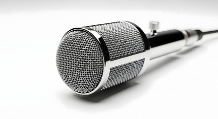 Close-up shot of a vintage microphone, perfect for recording or broadcasting. The silver microphone, cable, and mesh grill are showcased against the clean background.